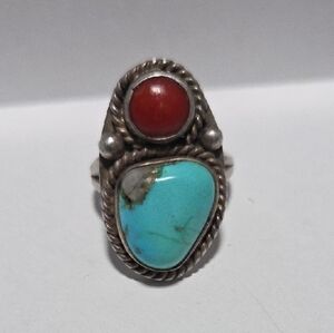 Sterling Silver Turquoise & Coral Statement Ring - Blue and Red